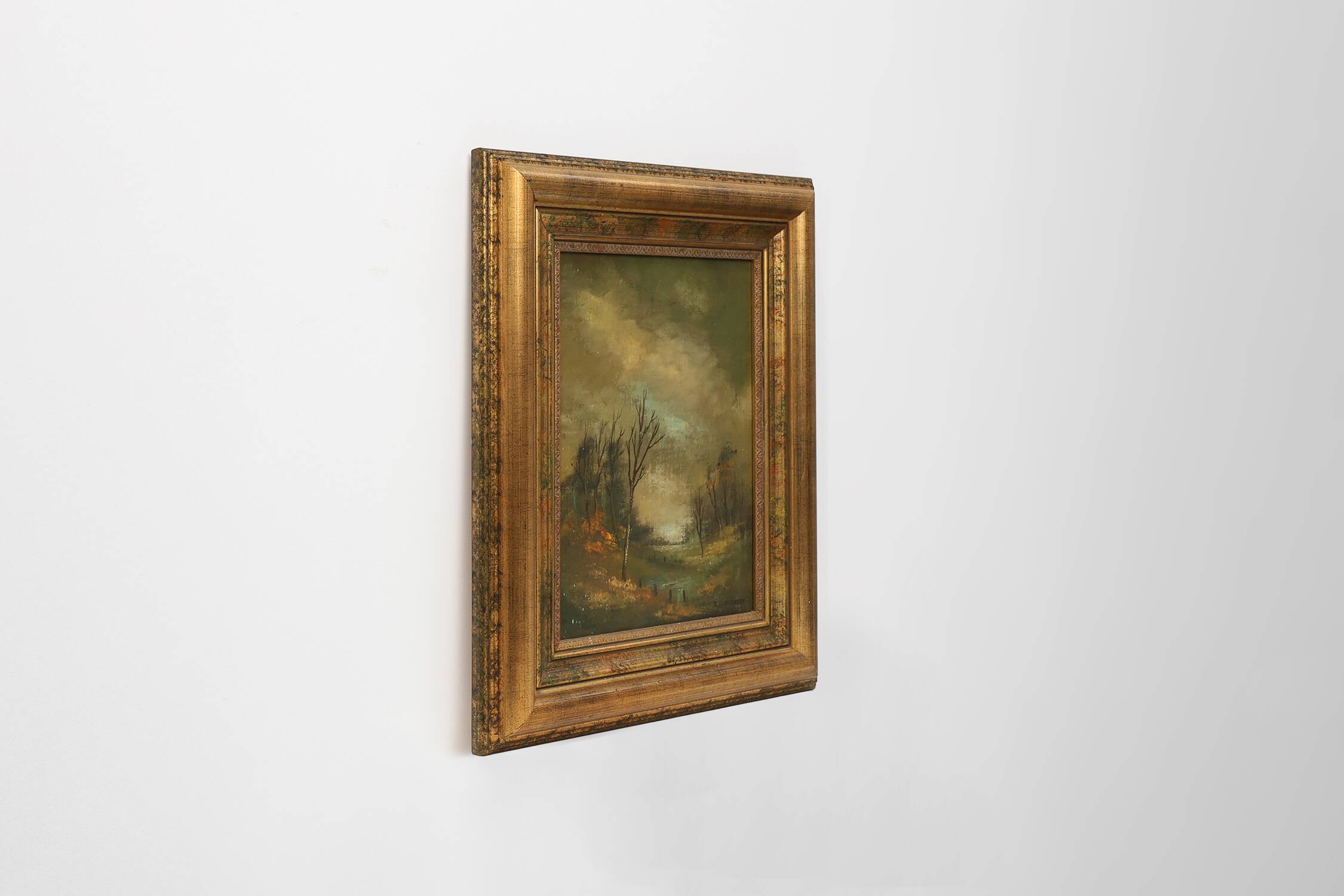 Signed Oil painting of a Landscape in Giltwood Frame, Belgium 1940s