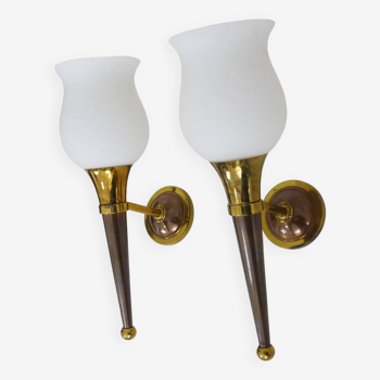 Pair of vintage copper and brass torchiere wall lights and white opaline globe. The 50's