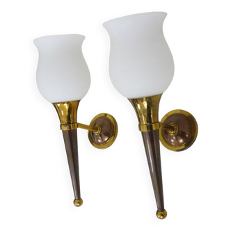 Pair of vintage copper and brass torchiere wall lights and white opaline globe. The 50's