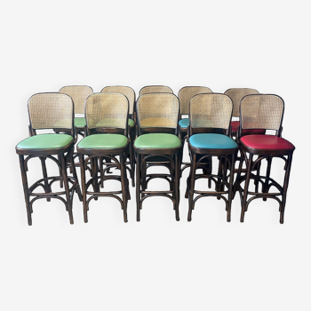 Set of 10 Thonet type high bar chairs in dark wood, canework and colored skai