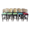 Set of 10 Thonet type high bar chairs in dark wood, canework and colored skai