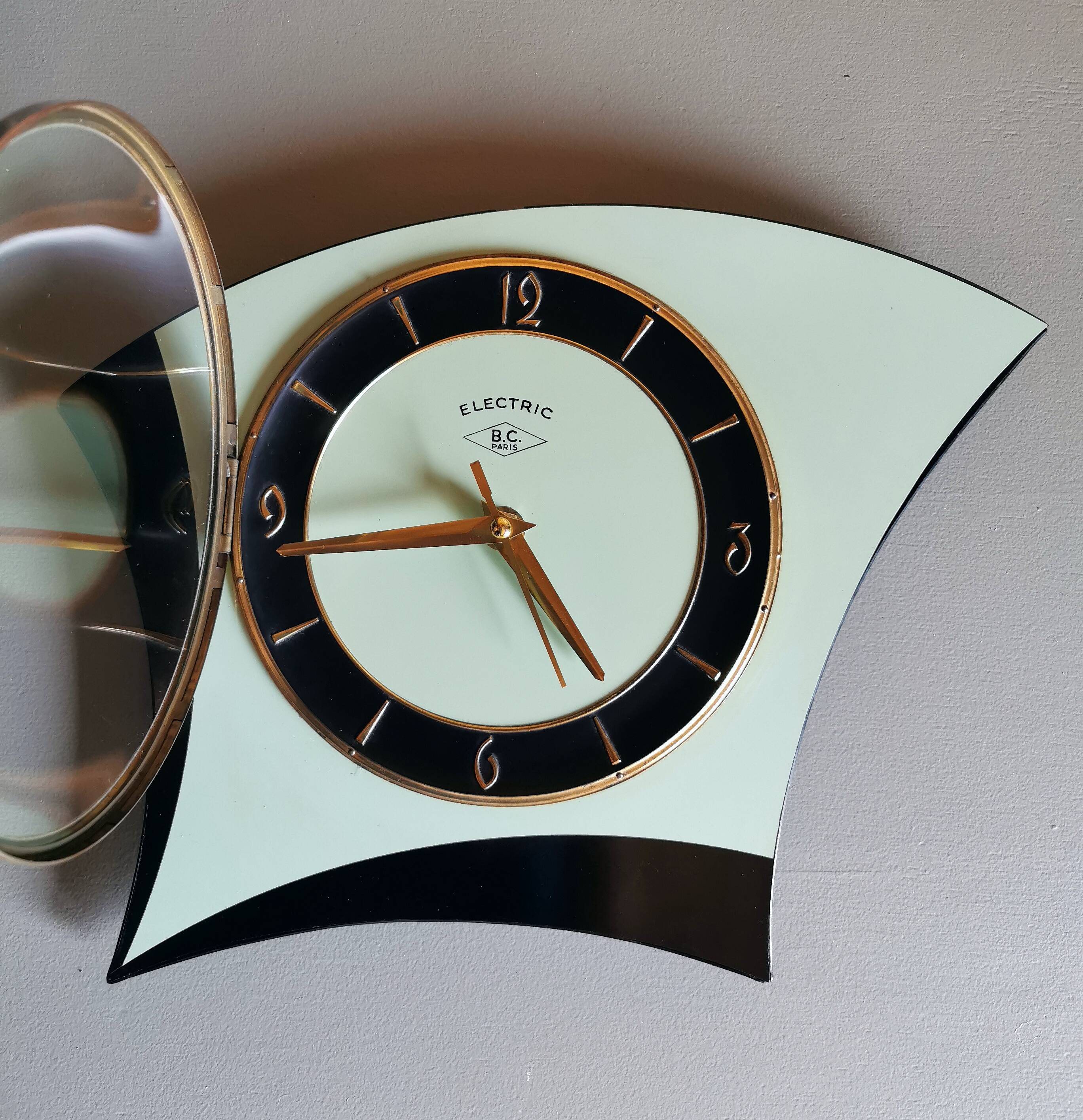 Vintage formica clock asymmetrical silent wall clock "BC Paris electric black green"