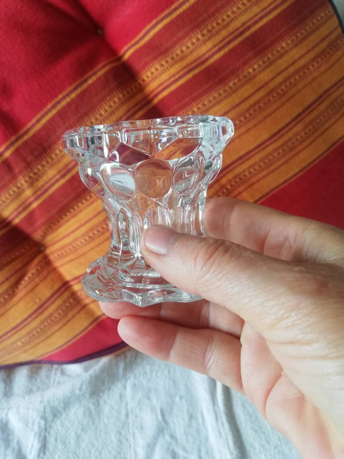 Set of two vintage glass candlesticks, transparent, France, Reims.