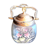 Seau à biscuits art nouveau pot carré en verre incolore émaillé legras: muguet