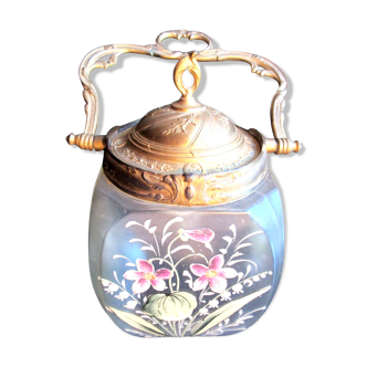 Art Nouveau cookie bucket, square jar in colorless glazed glass LEGRAS: Lily of the valley
