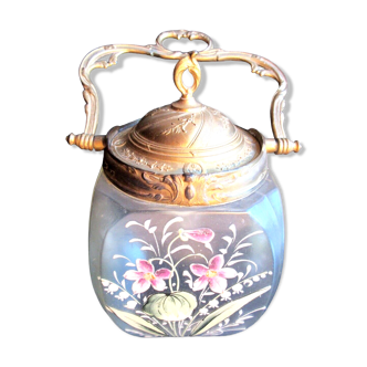 Seau à biscuits art nouveau pot carré en verre incolore émaillé legras: muguet