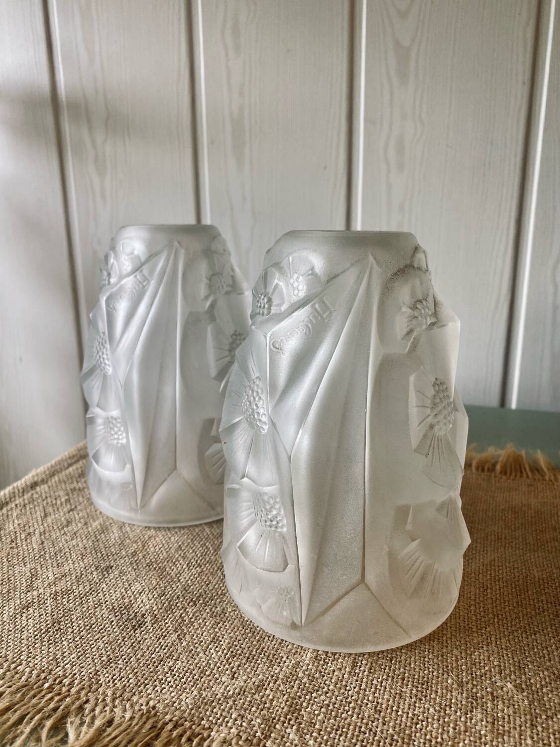 Pair of Art Deco lampshades in frosted glass signed Hubens