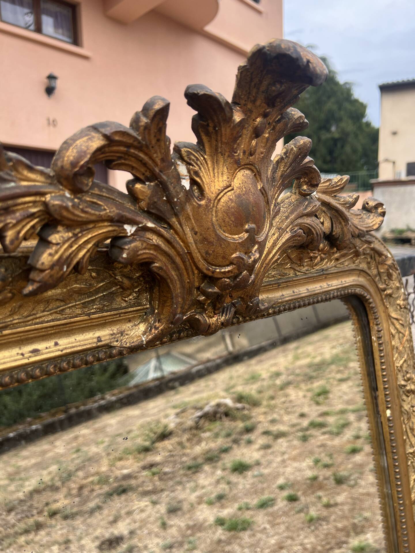 Louis-Philippe gold leaf mirror - sculpted pediment, mercury 117x76cm