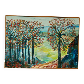 Huile sur toile suédoise originale vintage – « Arbres d'automne »