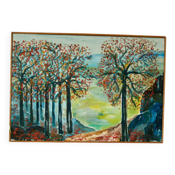 Huile sur toile suédoise originale vintage – « Arbres d'automne »