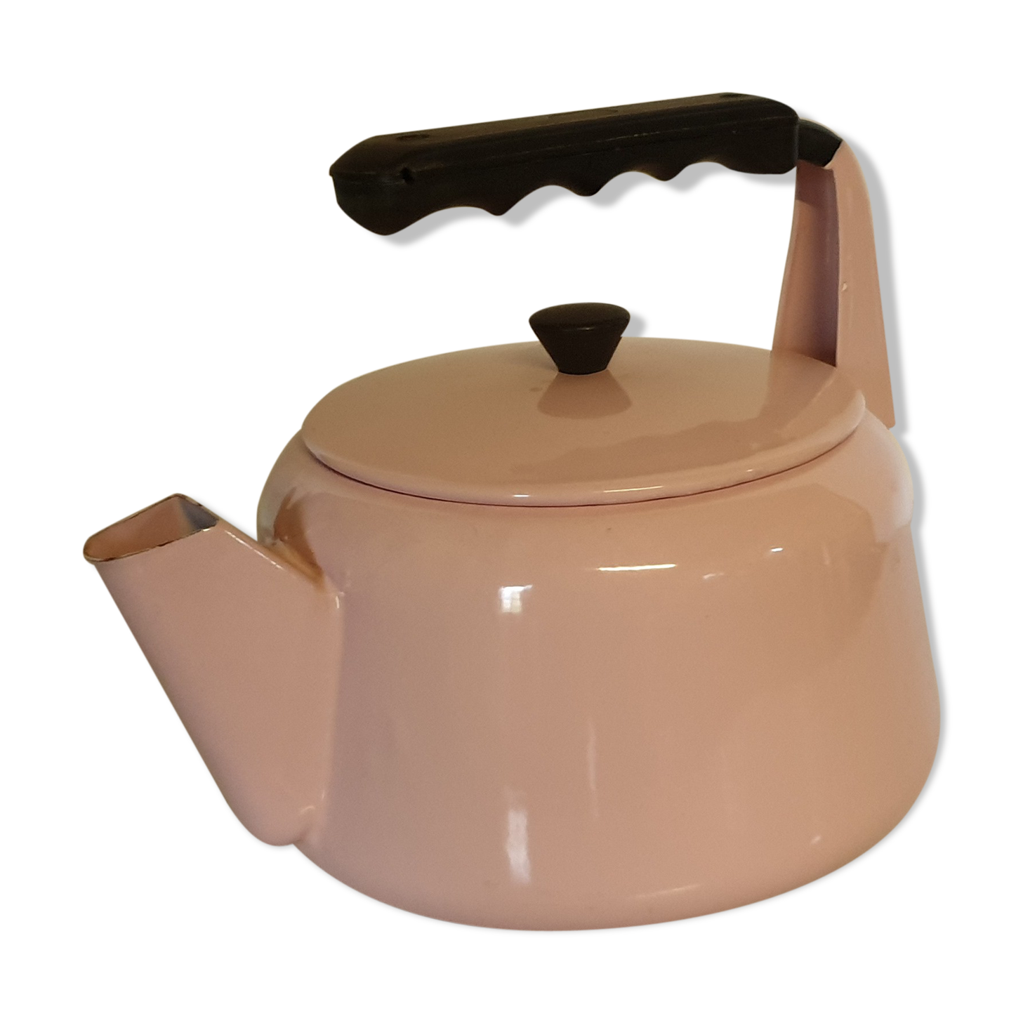 Pink enamelled tin kettle