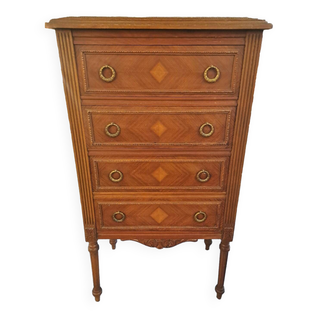 Chiffonnier commode en noyer 4 tiroirs marbre rose