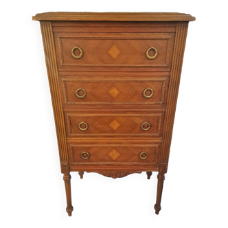 Chiffonnier commode en noyer 4 tiroirs marbre rose