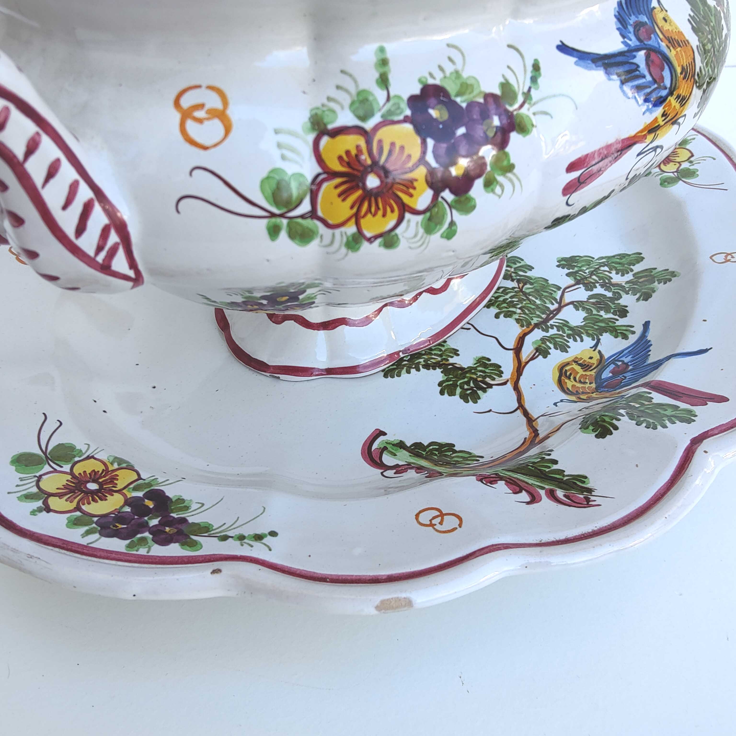Italian porcelain soup tureen with bird and flower decor
