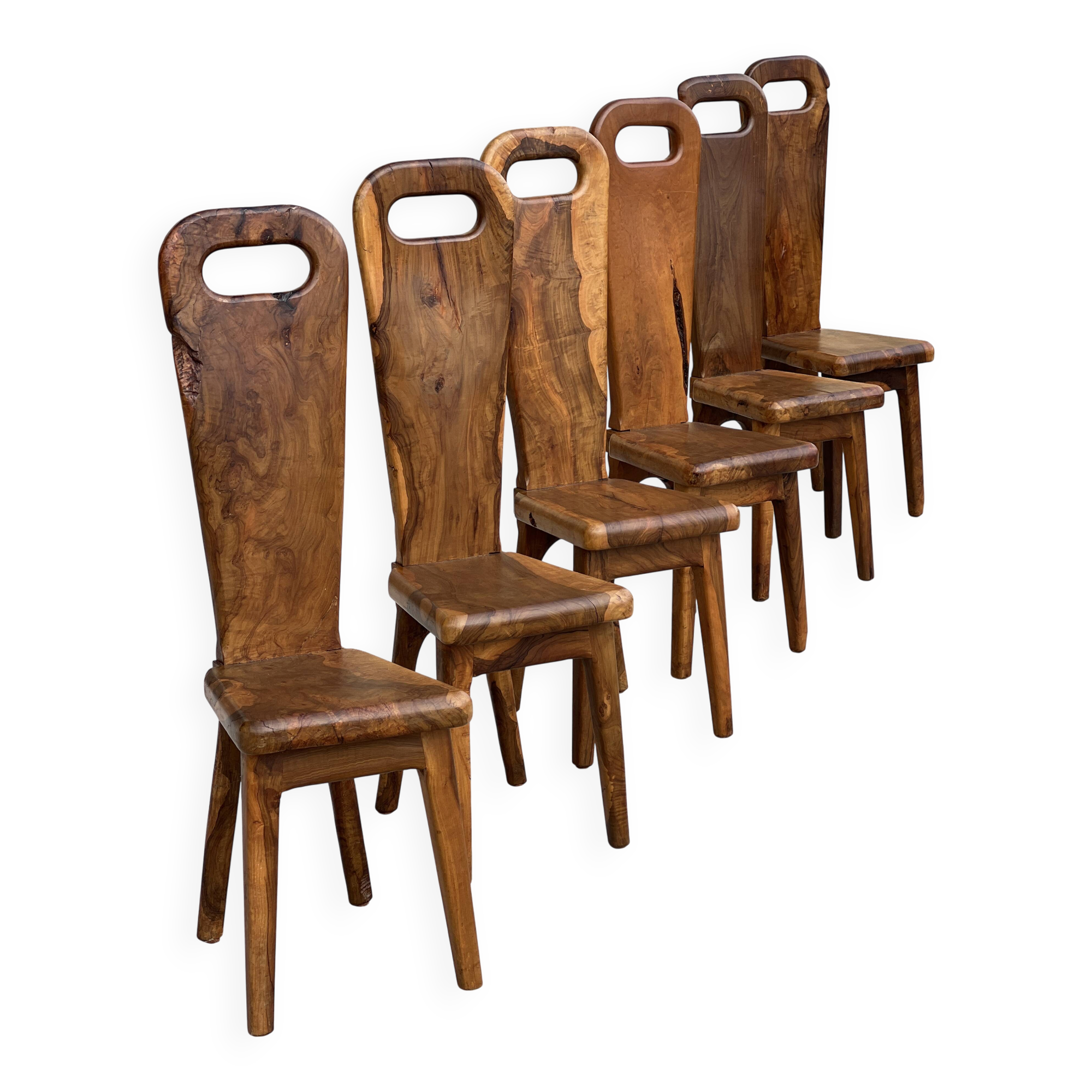 Sculptural high-back chairs in solid olive wood from the 1960s, set of 6.