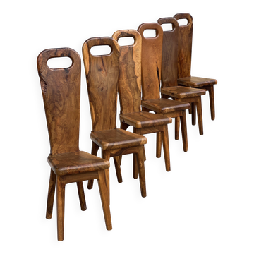 Sculptural high-back chairs in solid olive wood from the 1960s, set of 6.
