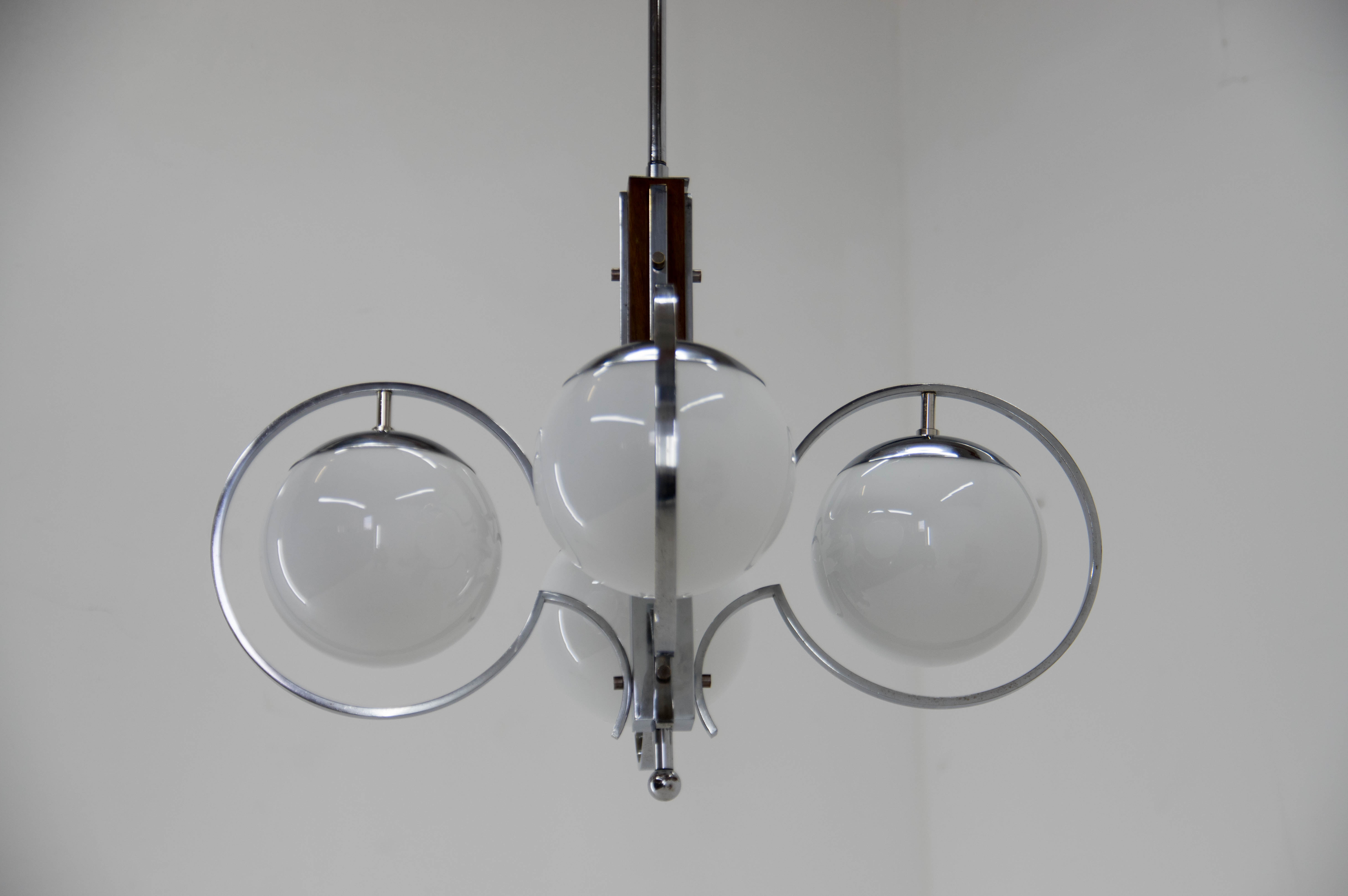 Art deco opaline glass wood and chrome chandelier, 1930s