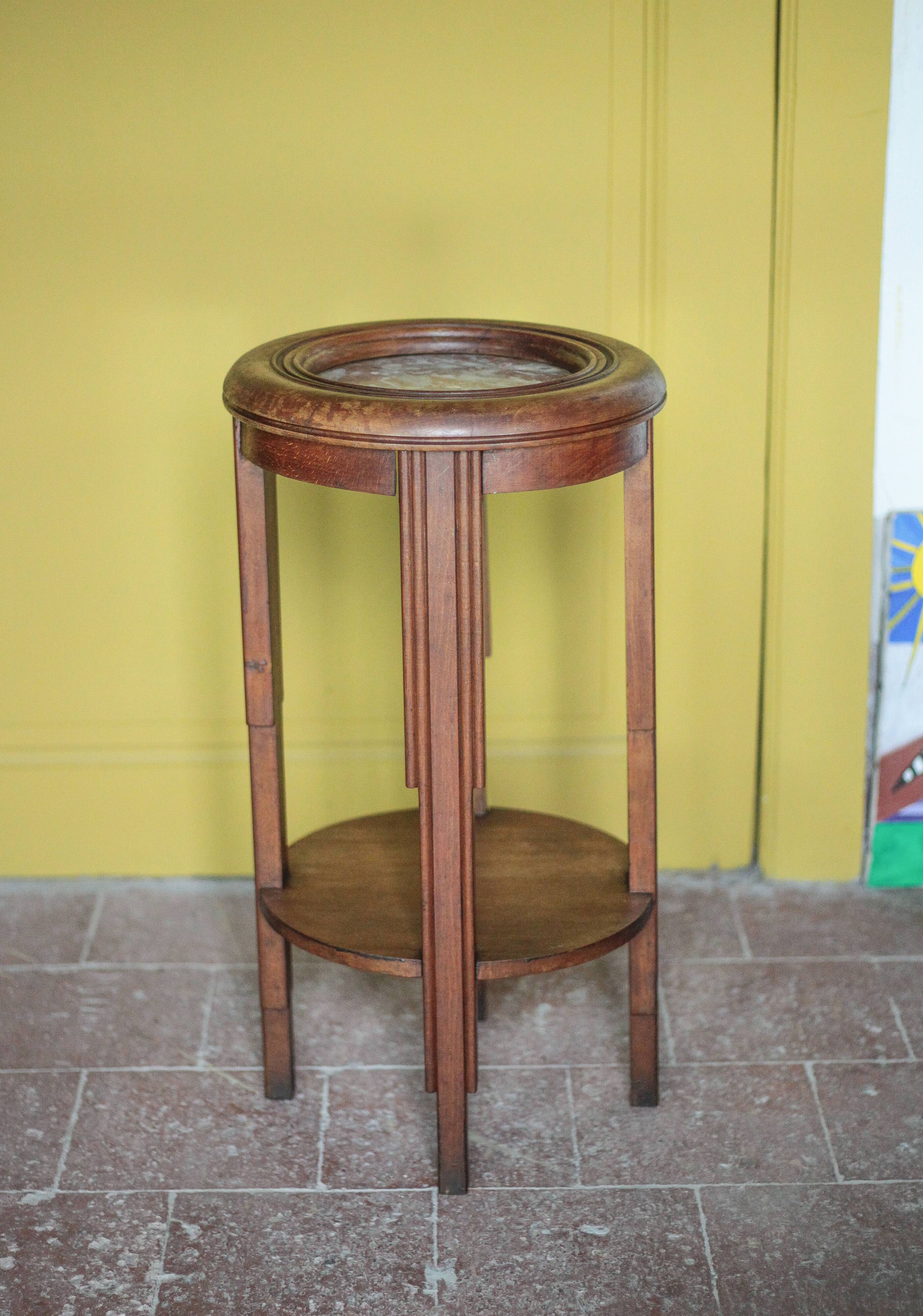 Vintage wooden side table, wooden and marble pedestal table, wooden pedestal, plant stand.