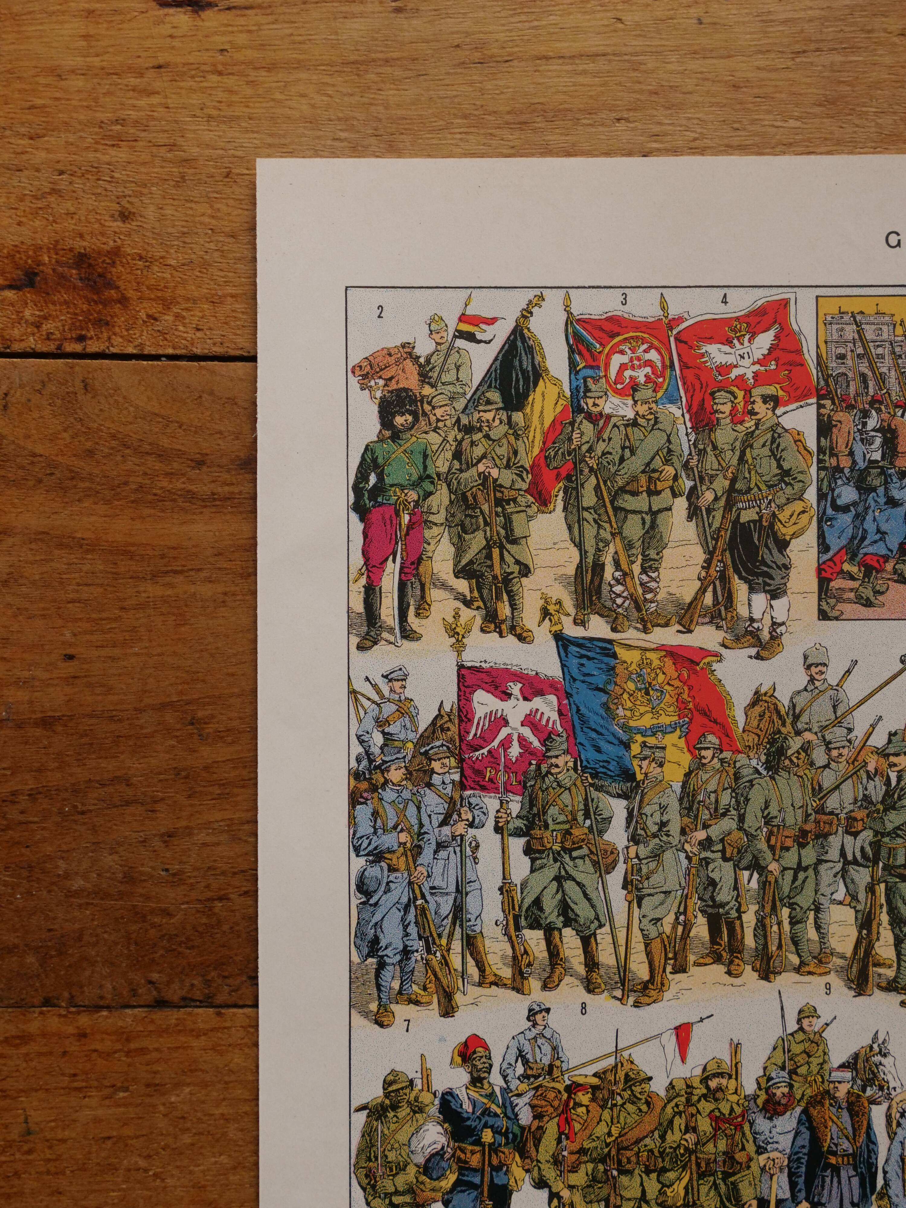 Original lithograph on the first world war (troops + map)