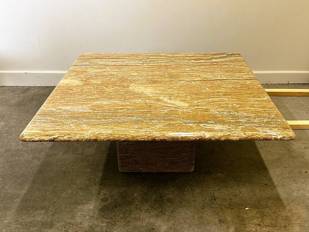 XL vintage square caramel travertine coffee table, 1980s