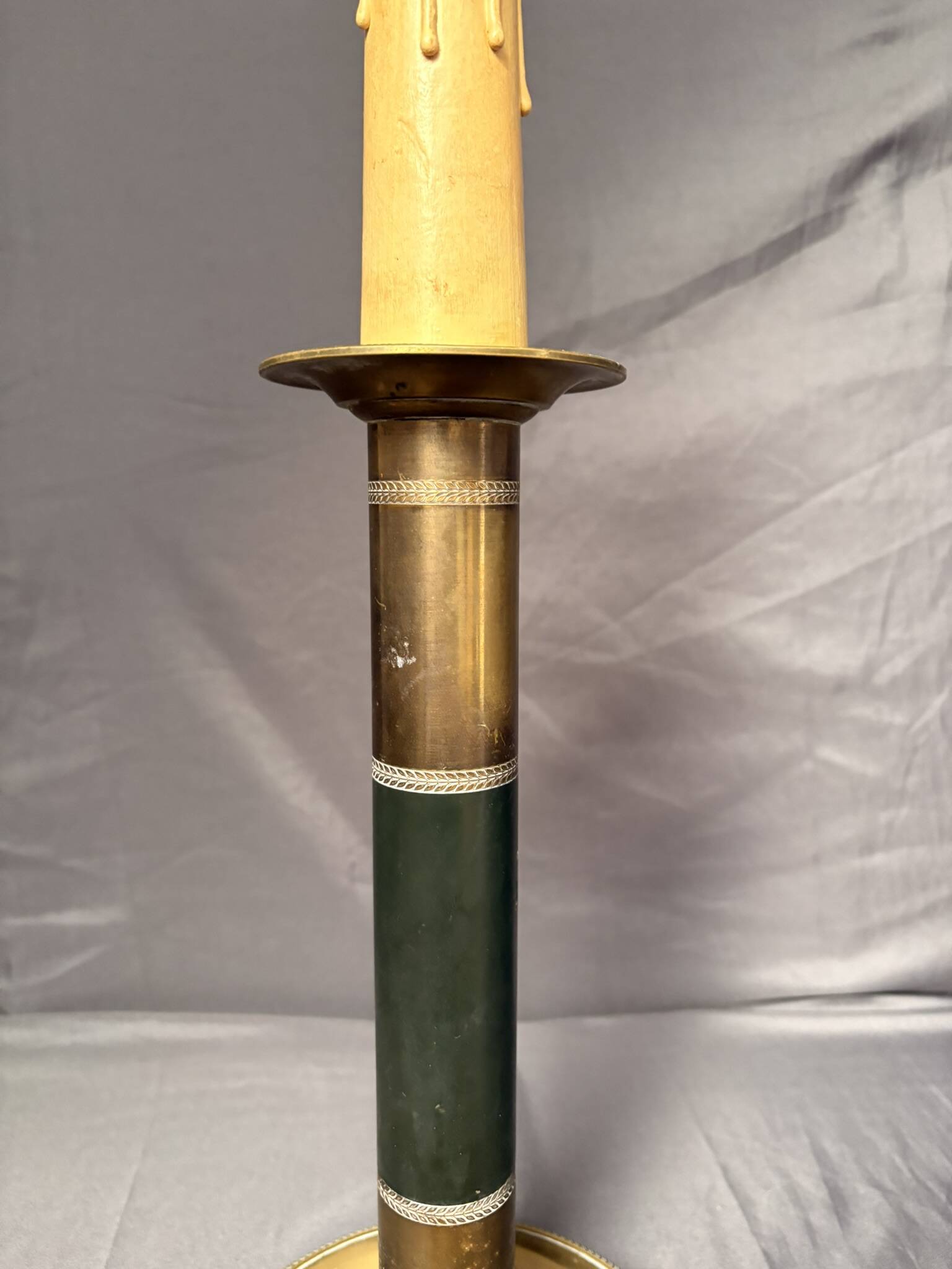 Antique Empire Column Lamp Base, Gilded Brass, Green Candle Holder Chandelier