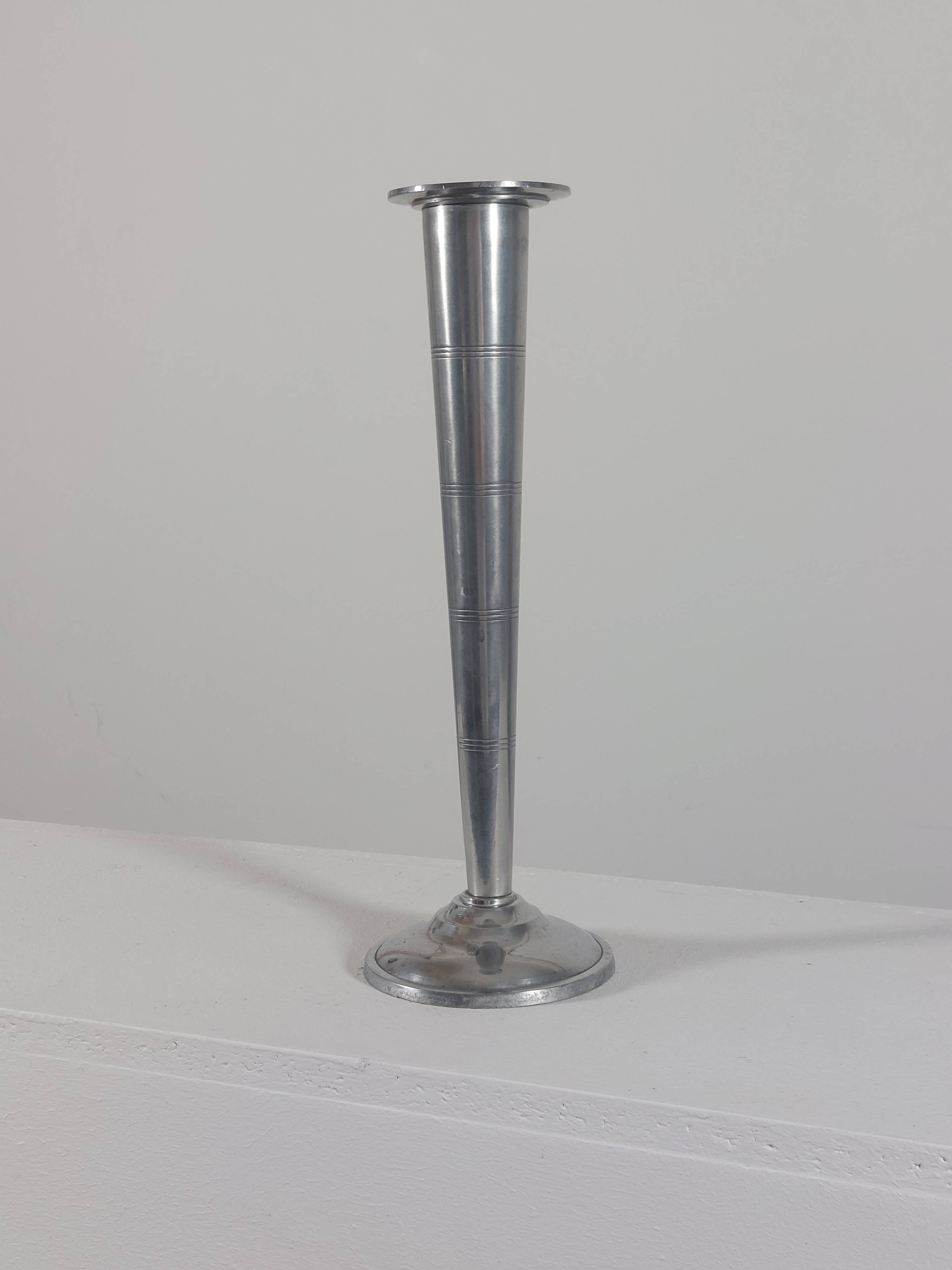 Vintage postmodern art deco revival chromed aluminum candlestick