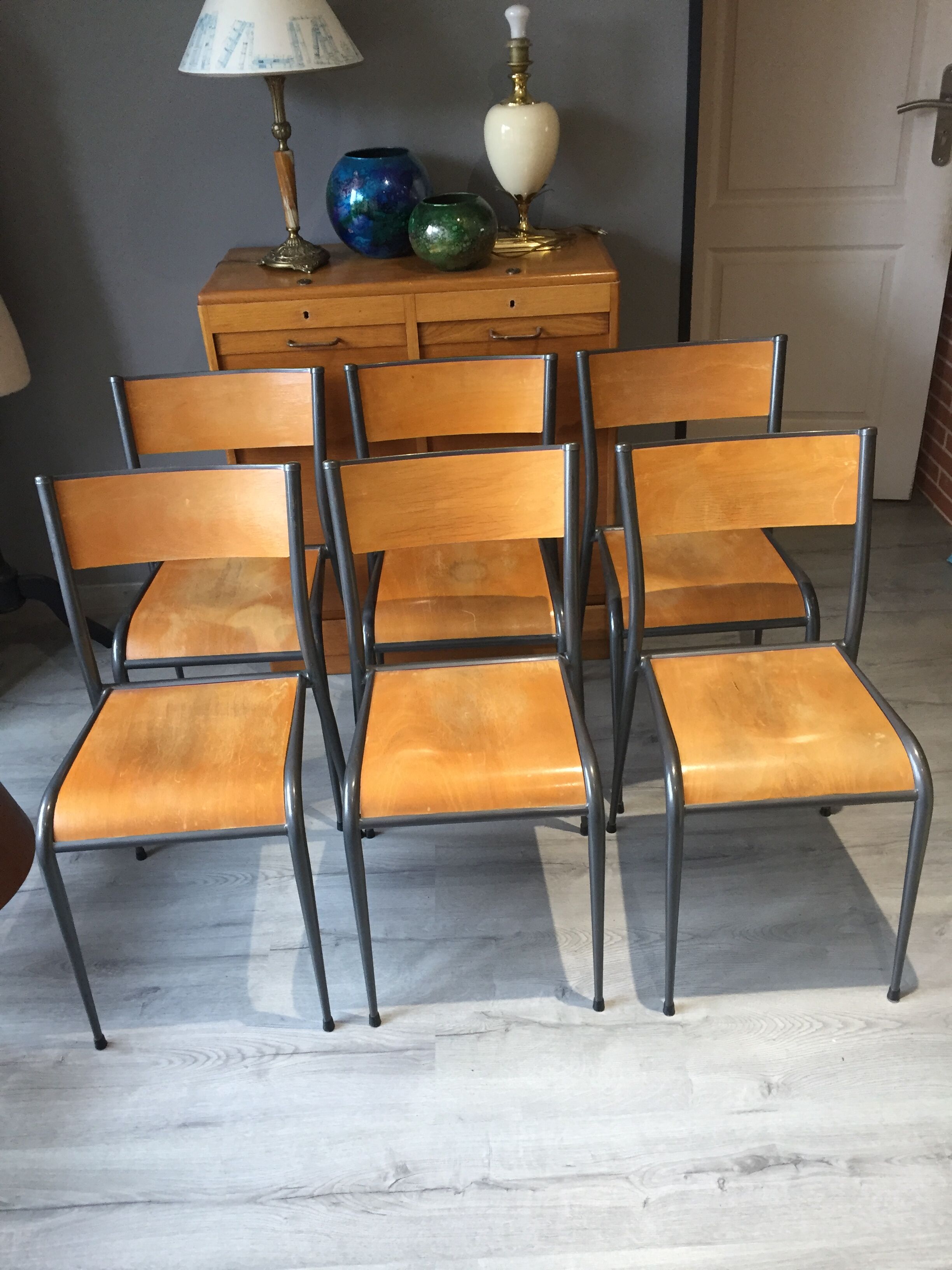 6 vintage school chairs compass feet