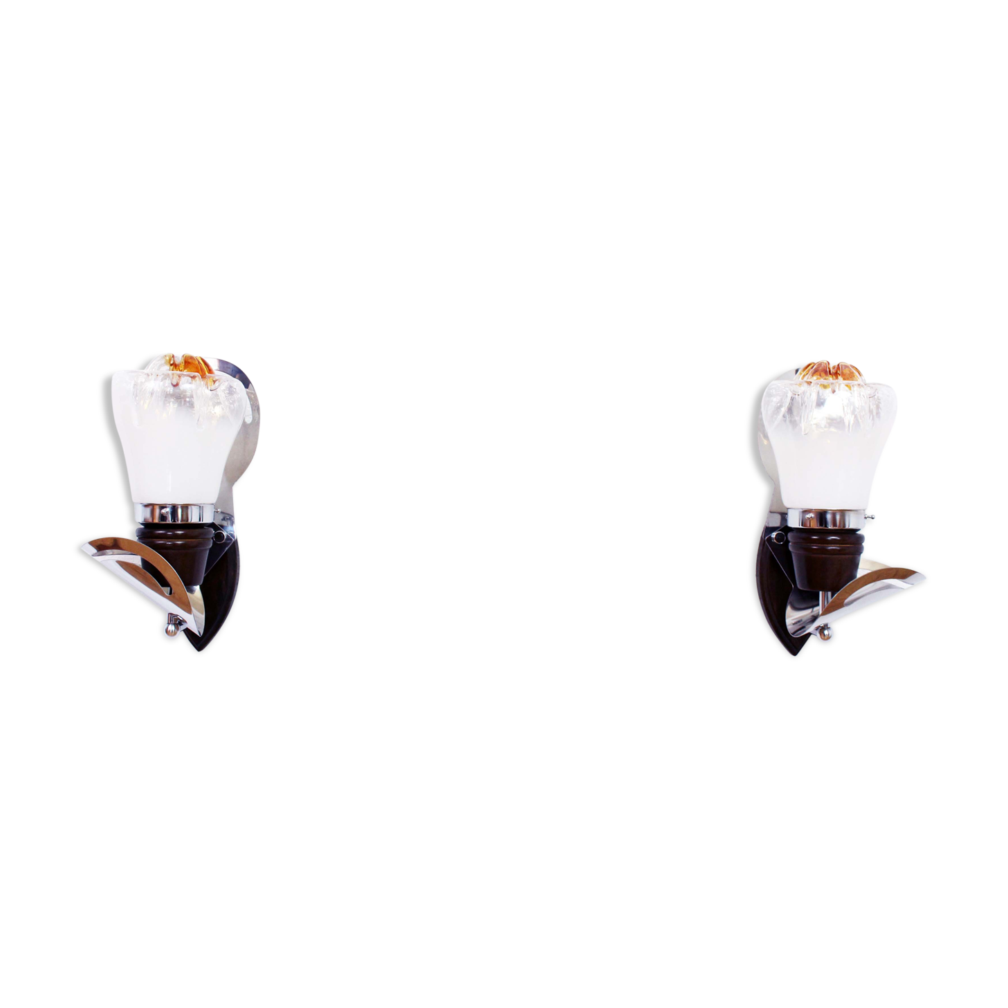 Pair of opal glass and solid wood wall lamps