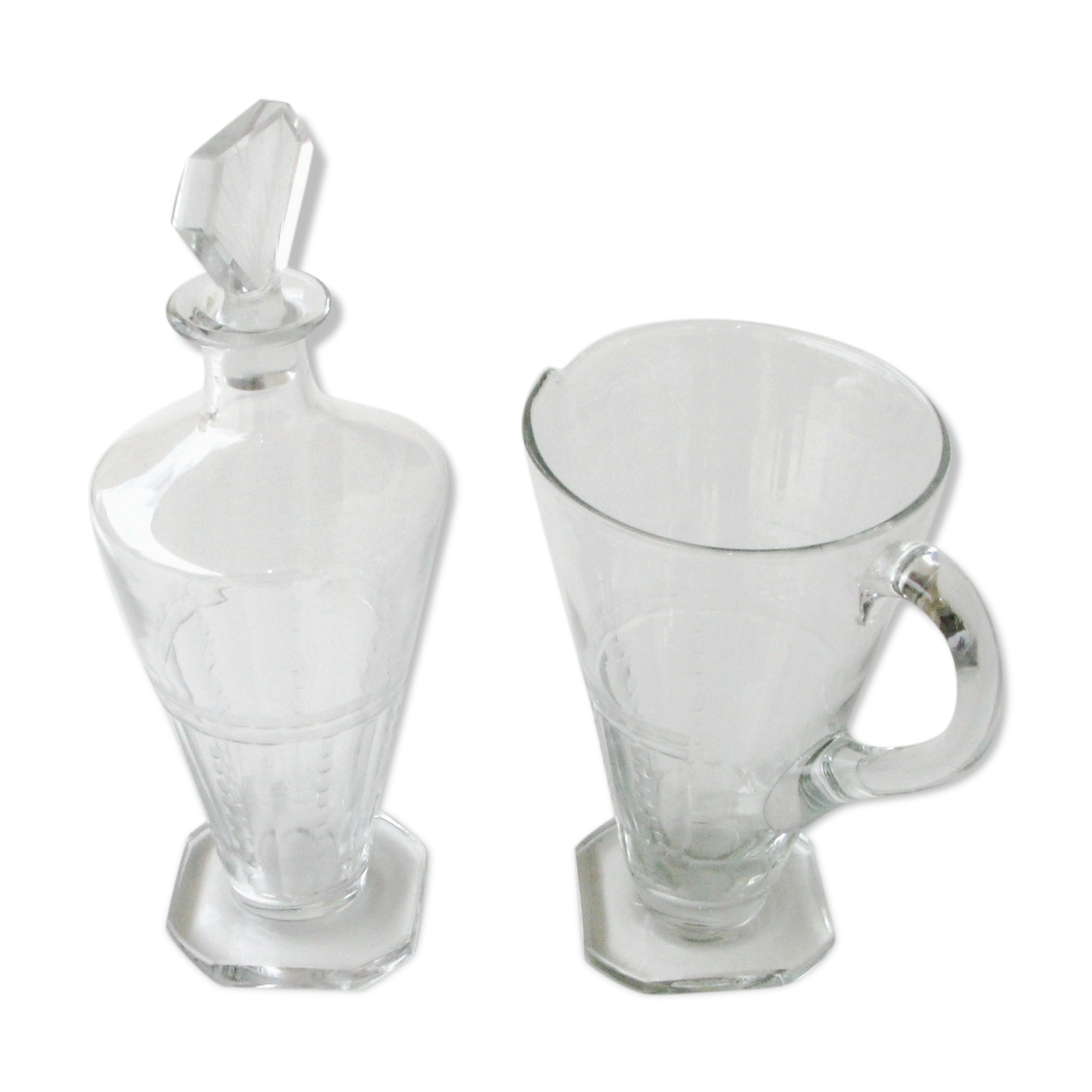Old wine decanter and matching water pitcher - Crystal - Square model