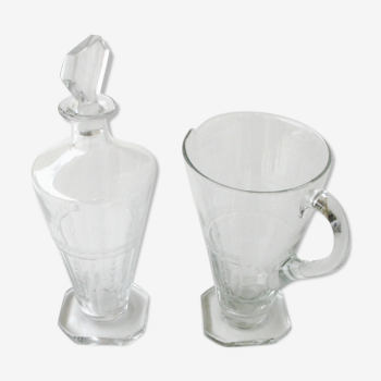 Ancienne carafe à vin et Pichet à eau assortis - Cristal - modèle carré