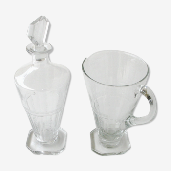 Old wine decanter and matching water pitcher - Crystal - Square model