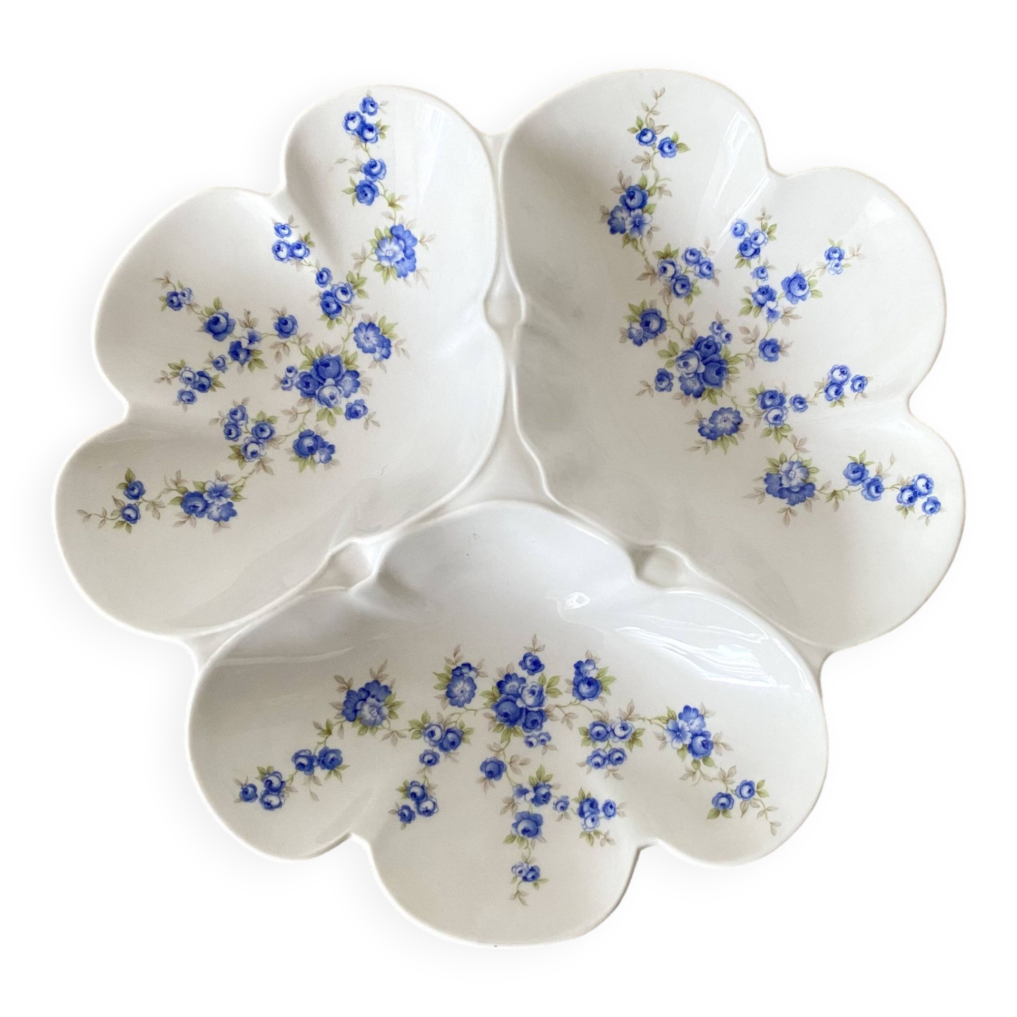 Pillivuyt porcelain 3-compartment dish, blue flowers