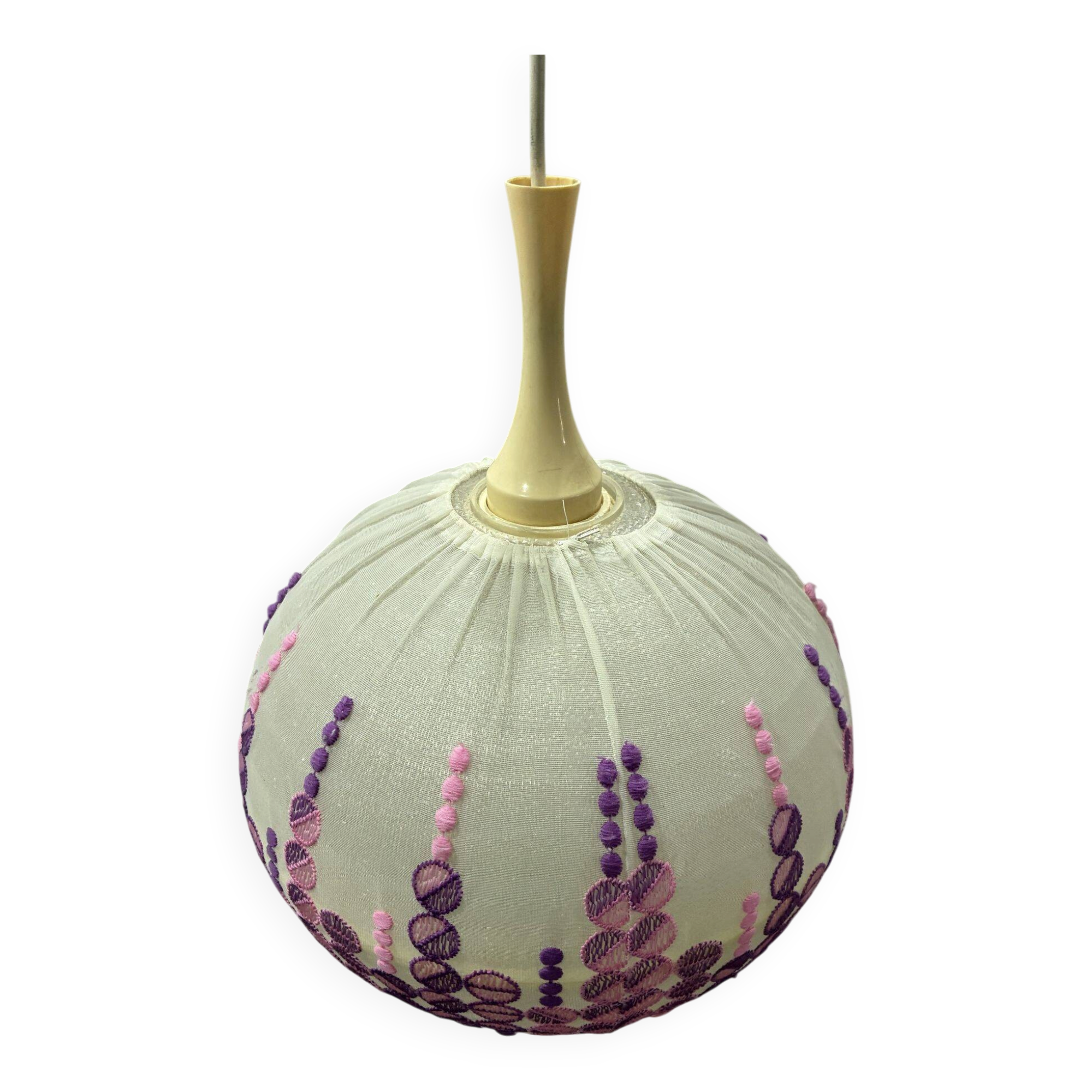 Høyrup Plast Danish pendant lamp, embroidered floral shade, 1960s