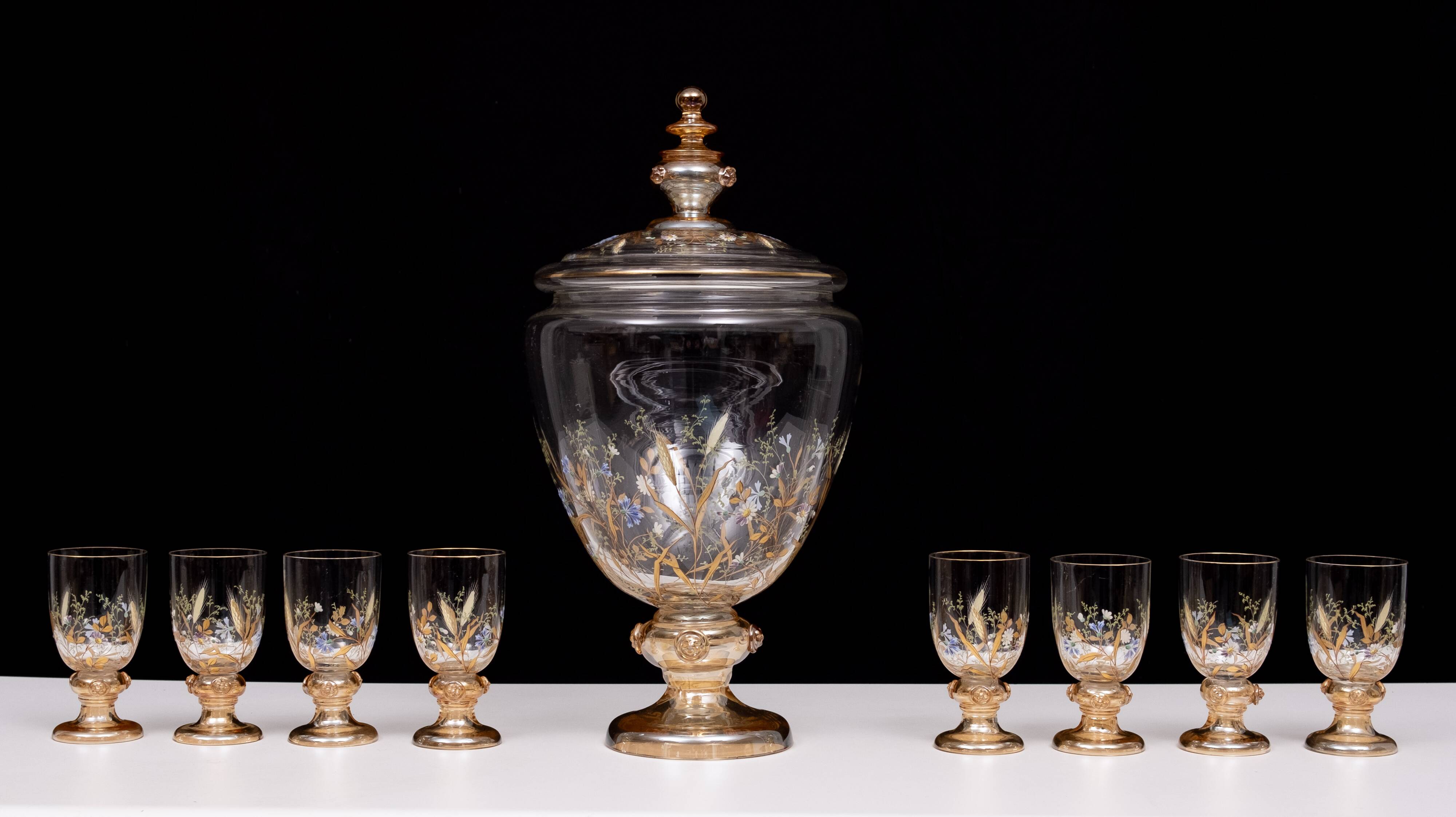 Stunning Antique Enameled Glass serving set for fruit, dessert or punch. 1880