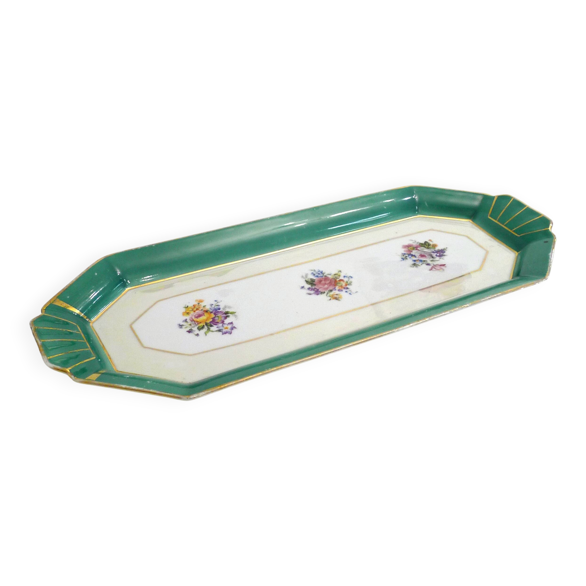 Art Deco floral iridescent cake dish in Limoges porcelain