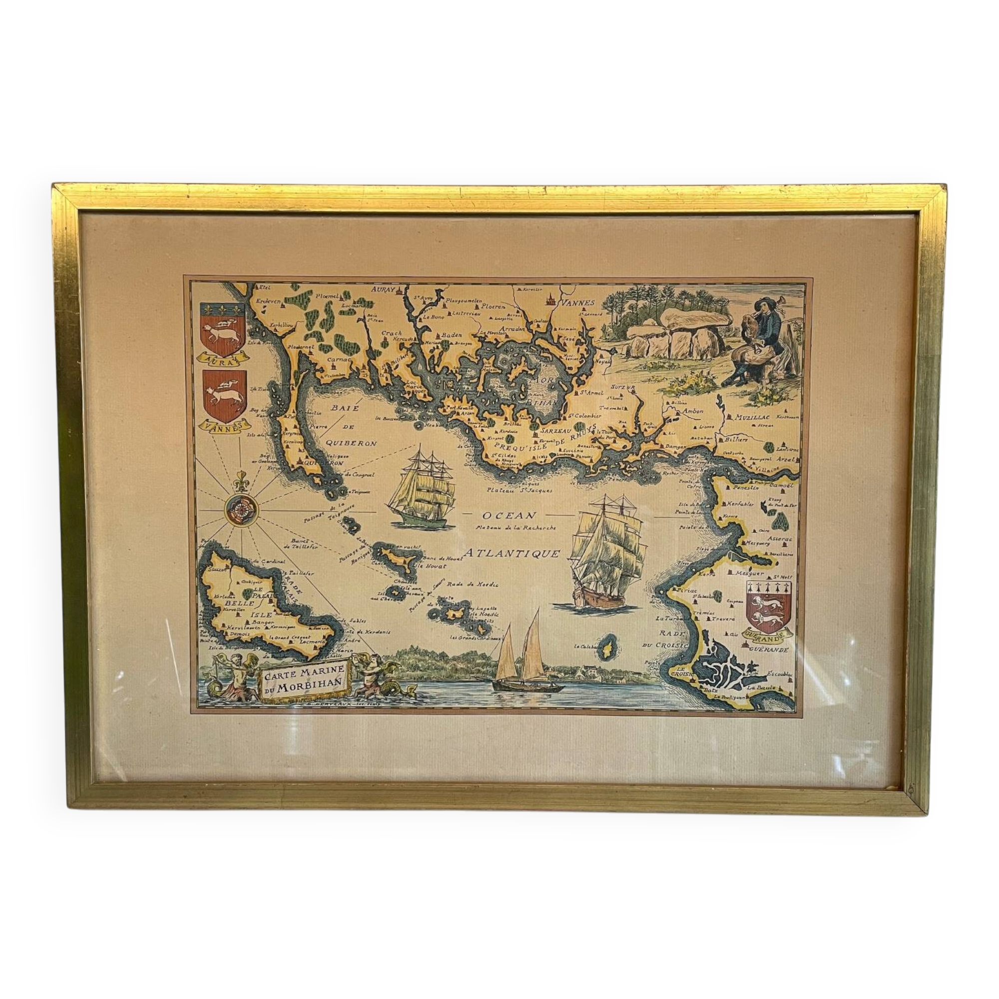 Vintage Atlantic Ocean Marine Map Gold Leaf Frame