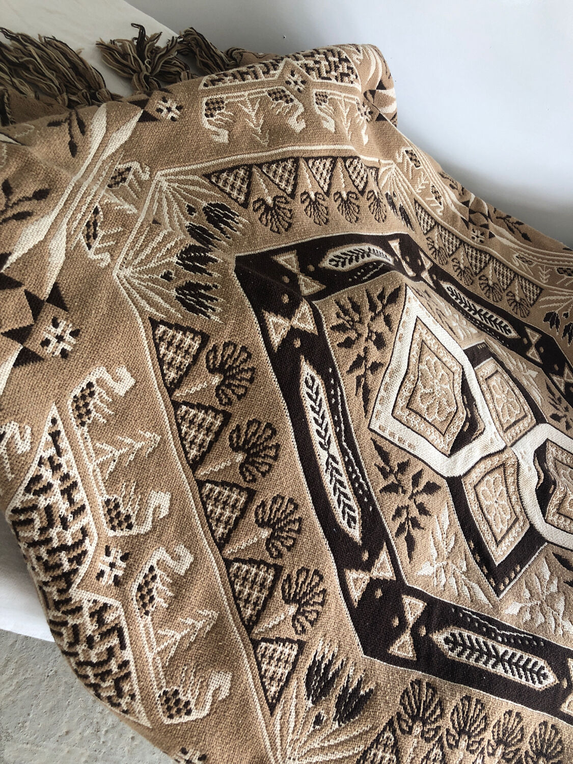 Vintage handmade beige and brown bedspread with fringes