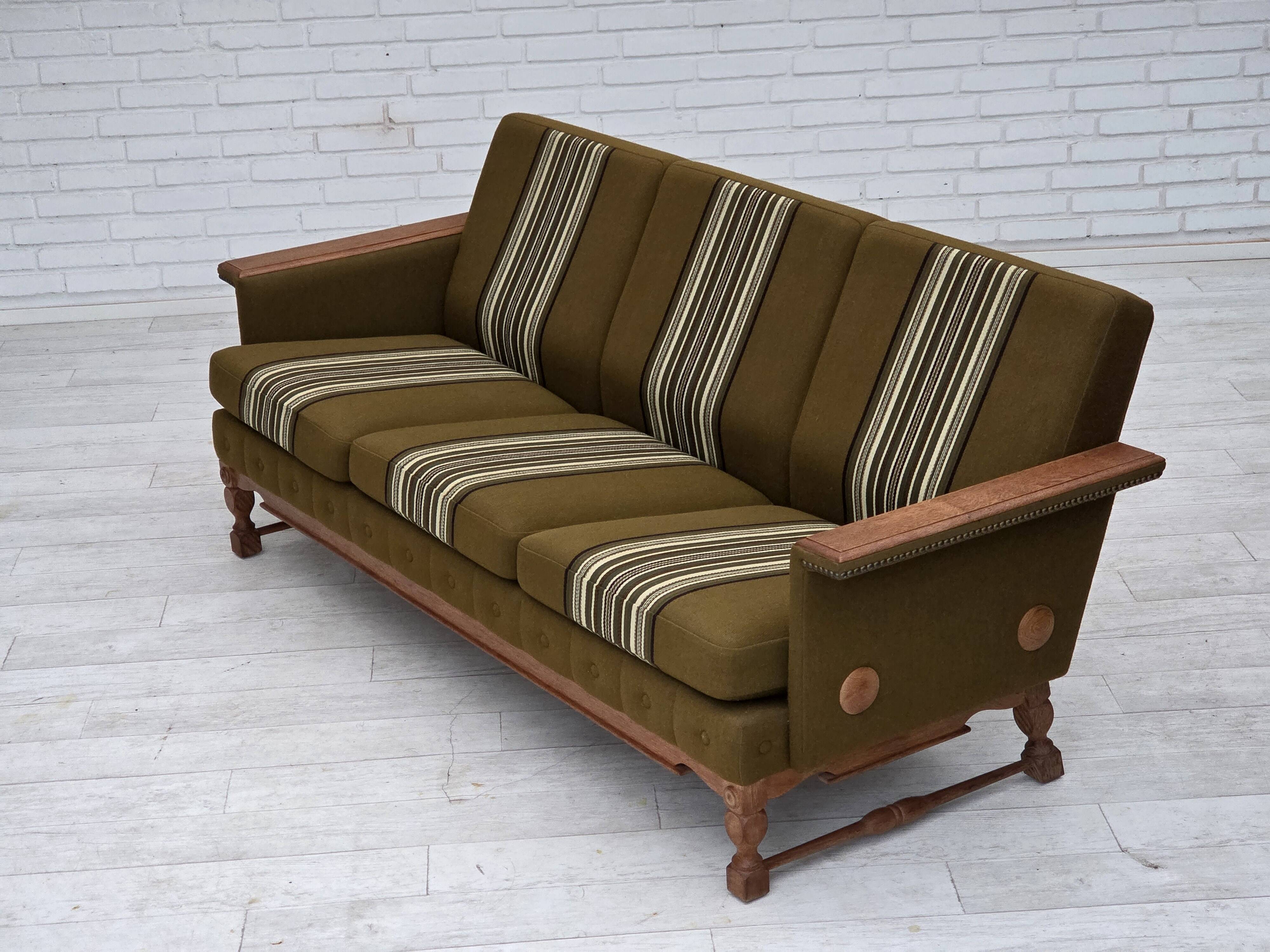 1970s, Danish 3-seater sofa, furniture wool, solid oak wood.