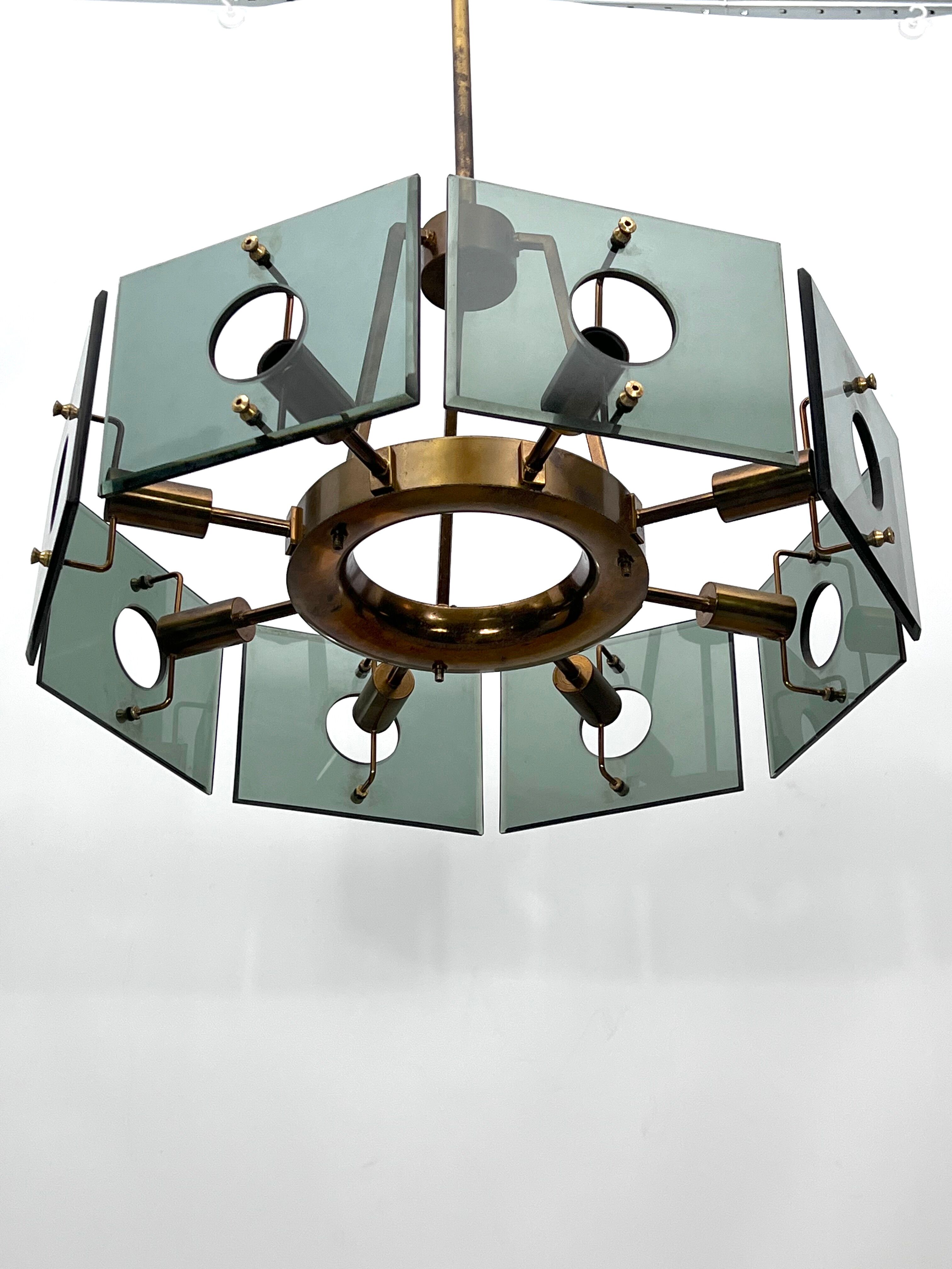 Gino Paroldo, modernist brass and smoked glass chandelier, Italy 1960s