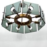 Gino Paroldo, modernist brass and smoked glass chandelier, Italy 1960s