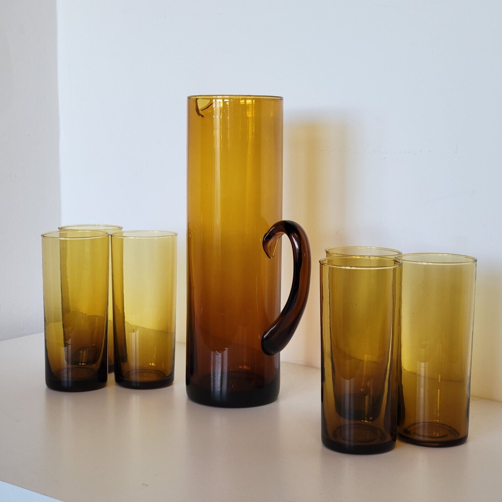 Vintage orangeade service in amber blown glass decanter & 6 glasses