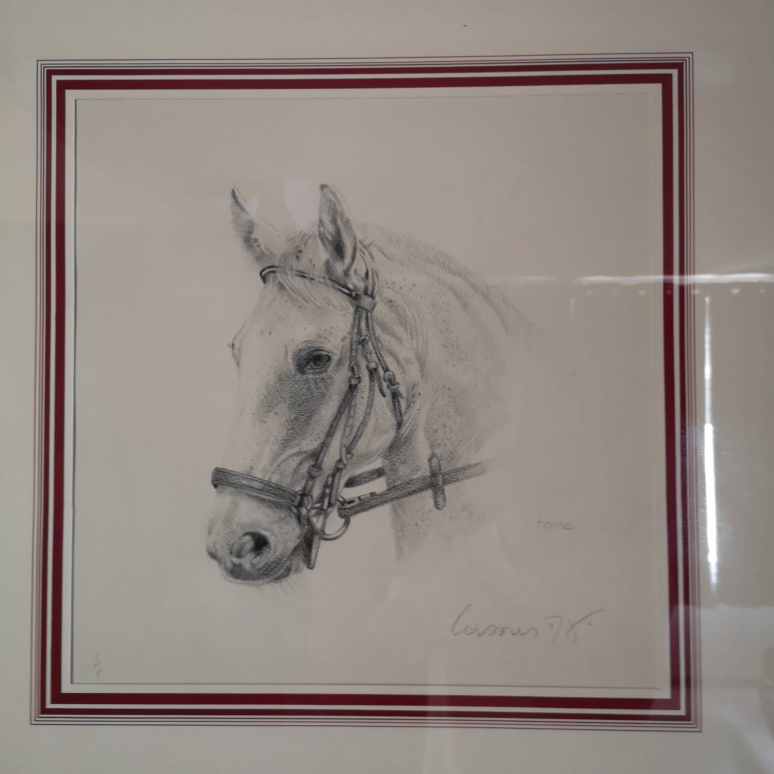 Pencil wash drawing on vellum horse painting signature to identify framed signed and dated
