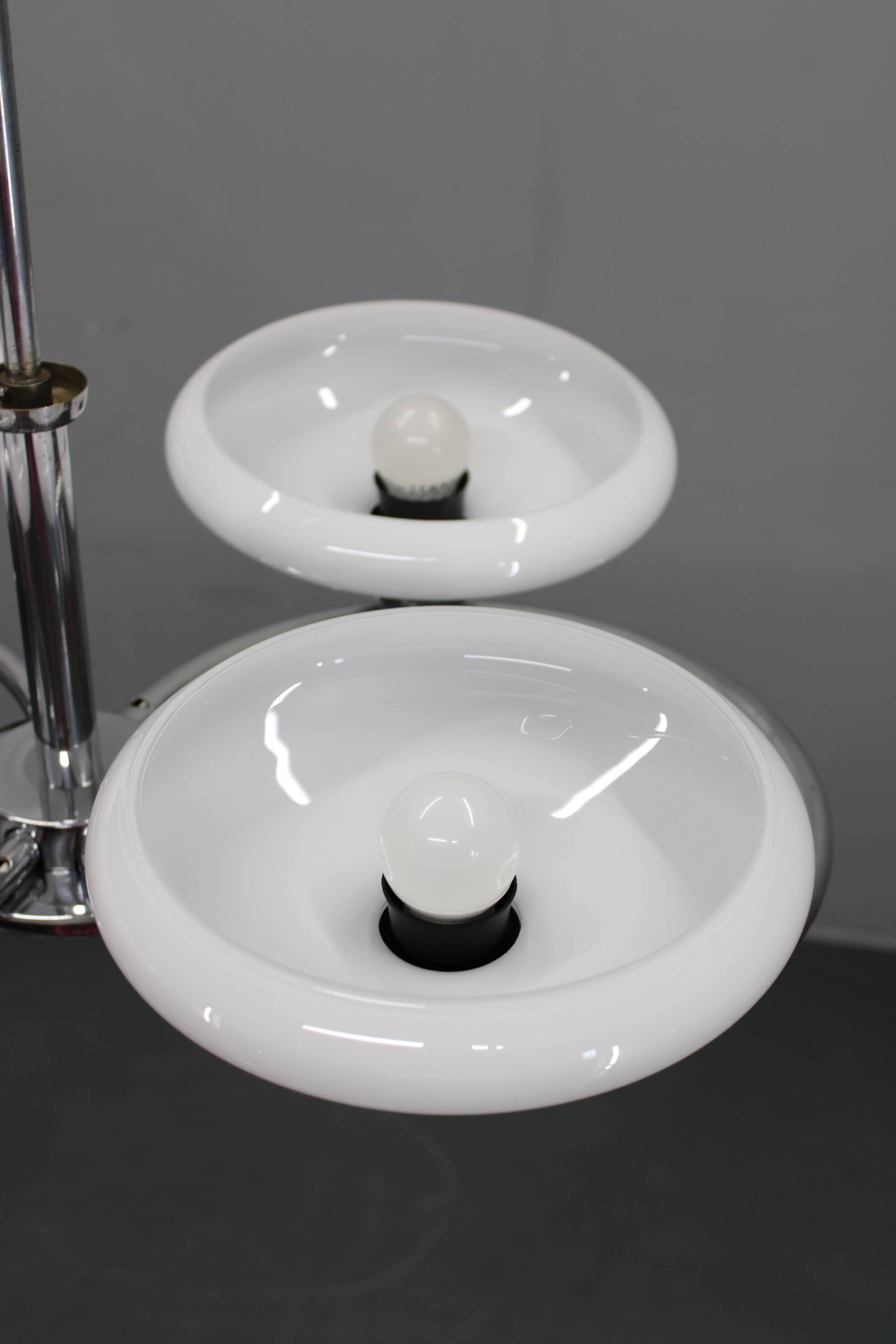 Mid-century chrome chandelier with milk-glass disc shades, Czechoslovakia, 1950s