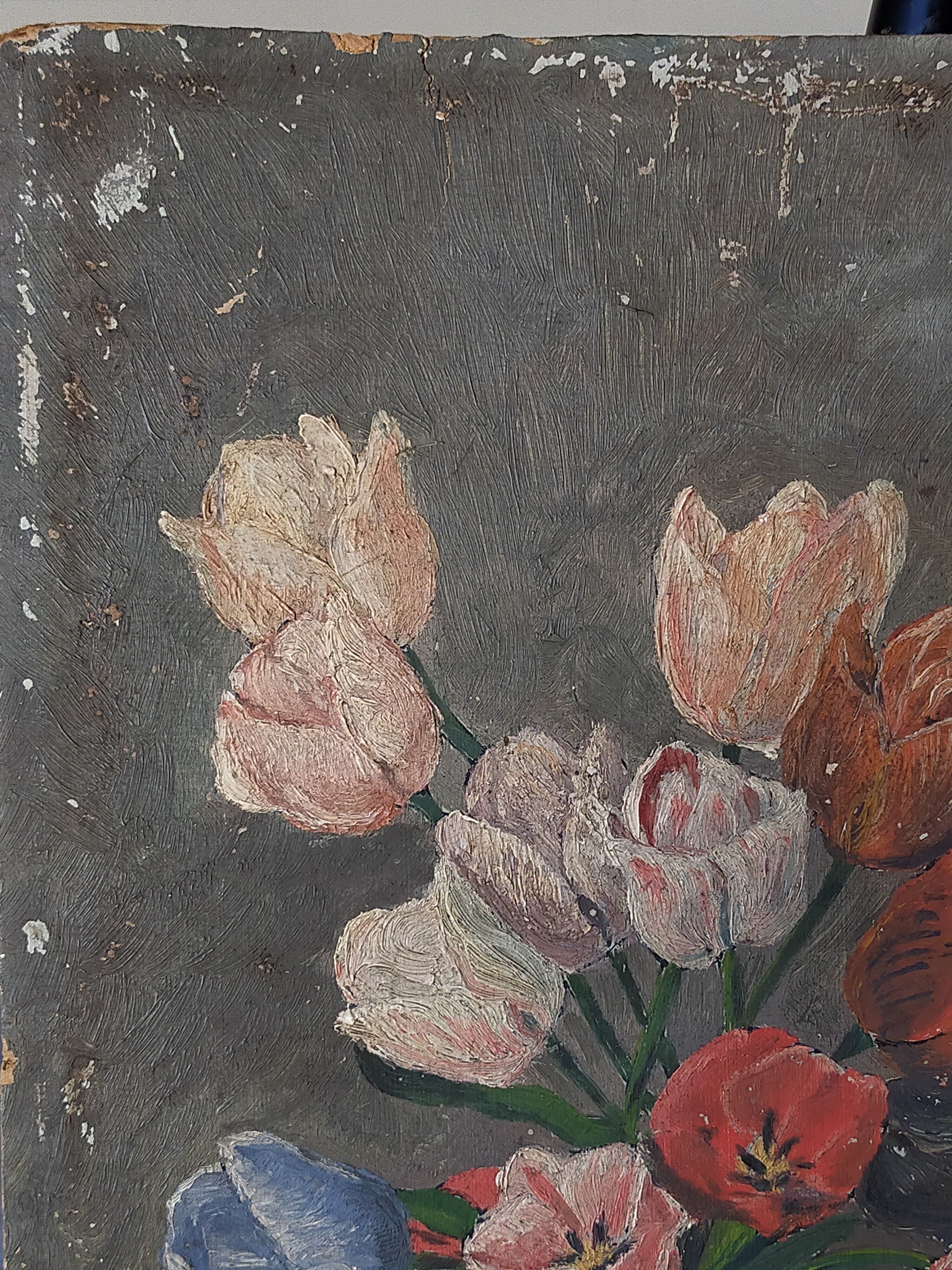 Table oil on cardboard the tulips hatched 30s