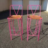 Pair of stools high bar stools metal and pink leather