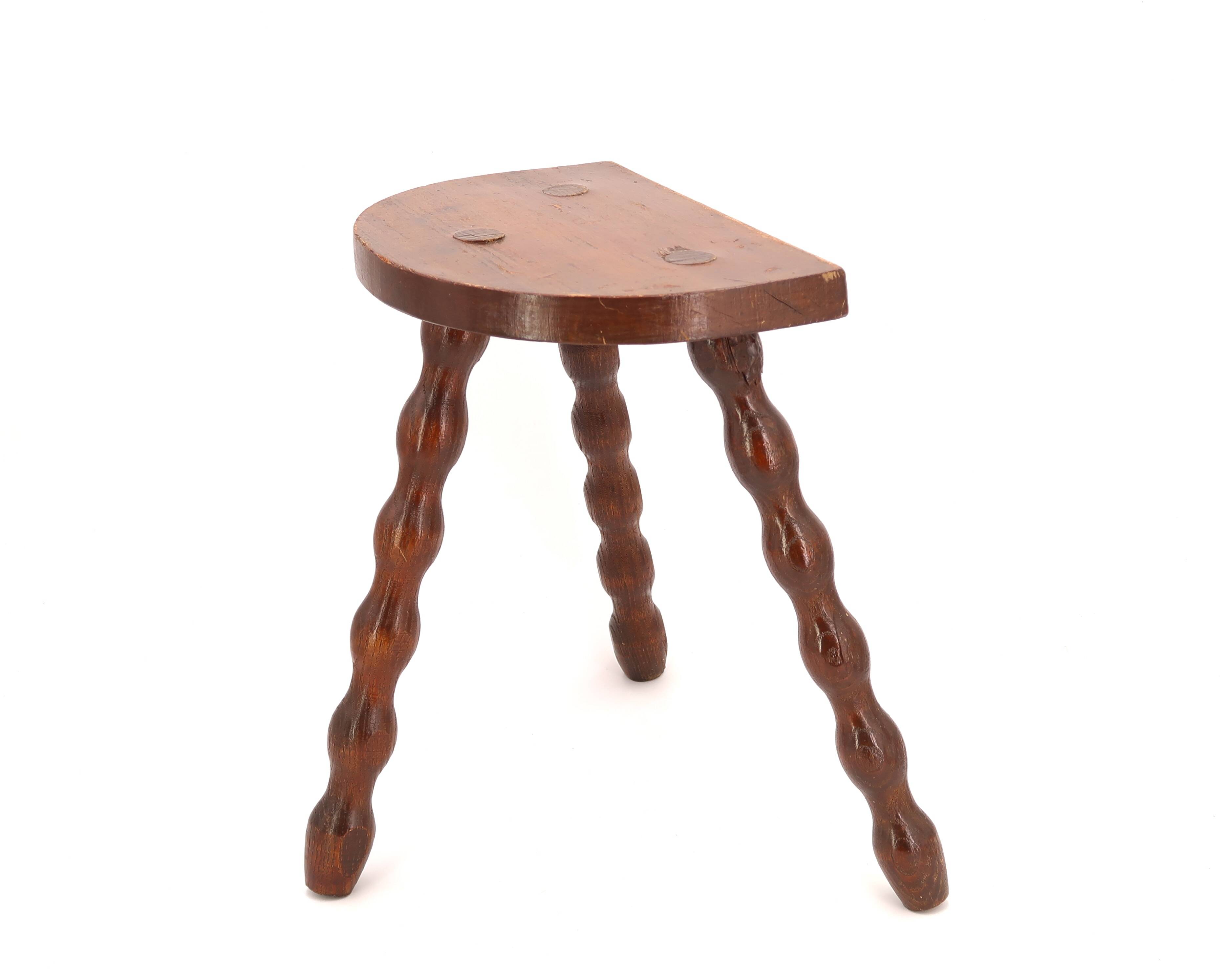 Wooden tripod stool, half-moon seat, 1950s