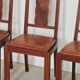 Set of 6 Art Deco chairs in Oak and Walnut with camel leather.