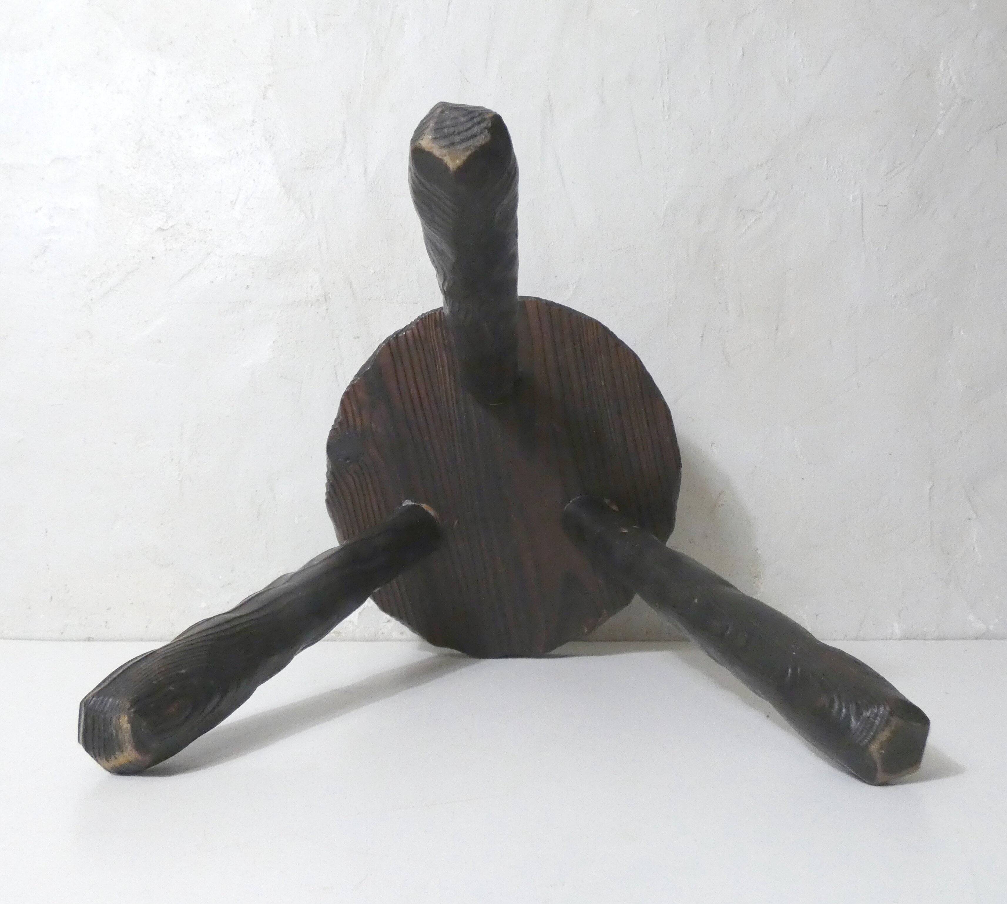 vintage brutalist solid oak tripod stool