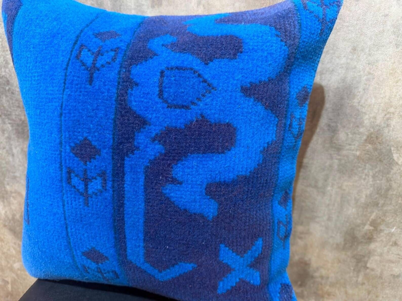 Asymmetric Blue Turkish Rug Pillow, 16x16 Square Wool Cushion Cover