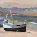 Mid-Century Modern Swedish "Calm Shore" Vintage Coastal Oil Painting, Framed